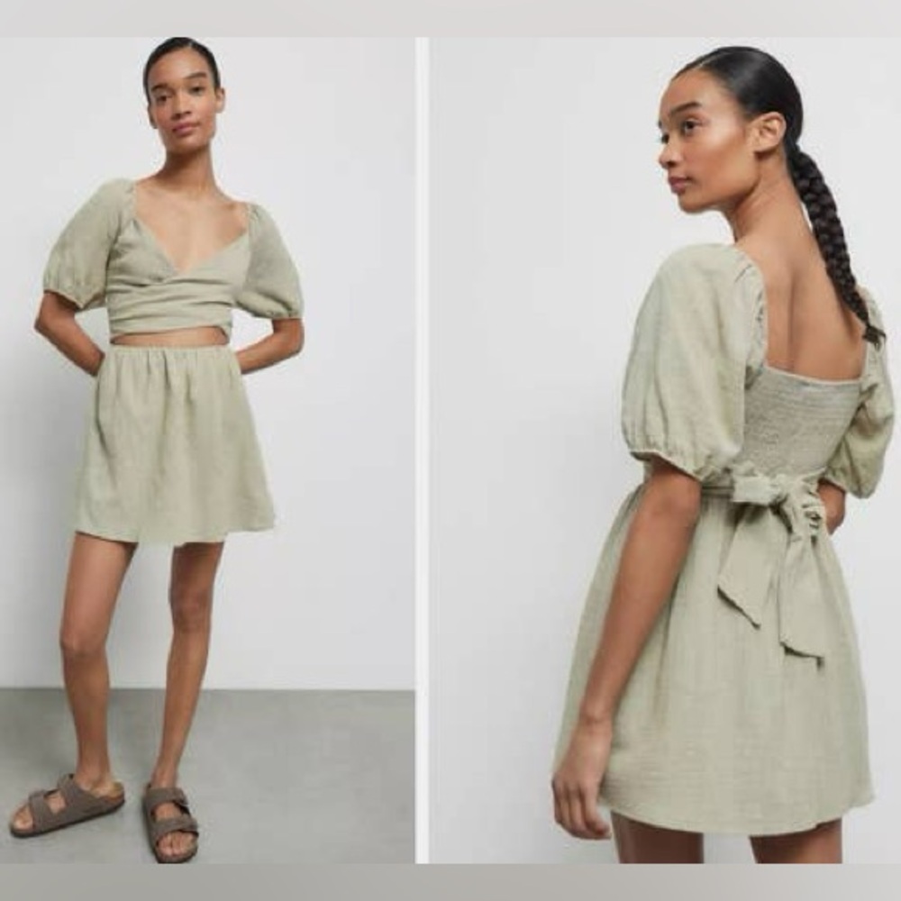 NWT Urban Outfitters Renewal Sage Green Puff Sleeve Wrap Mini Dress